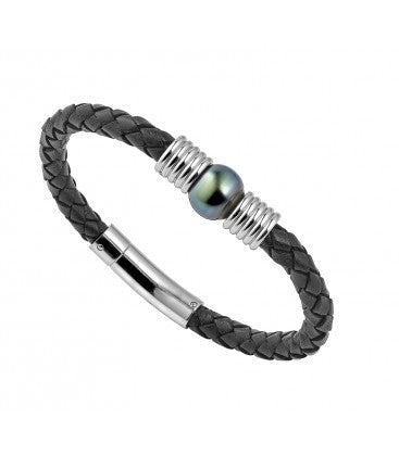 Bracelet Cuir + 1 Perle De Tahiti Cerclee 12/14 Mm Qualite Ab (BRAH-.MAORI-AGT) - Bracelet - Négoce îles - Les Champs d'Or