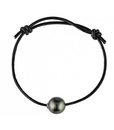 Bracelet Cuir + 1 Perle De Tahiti Cerclee 12/14 Mm Qualite Ab (BRA.SIMPLISSIME-AGT) - Bracelet - Négoce îles - Les Champs d'Or