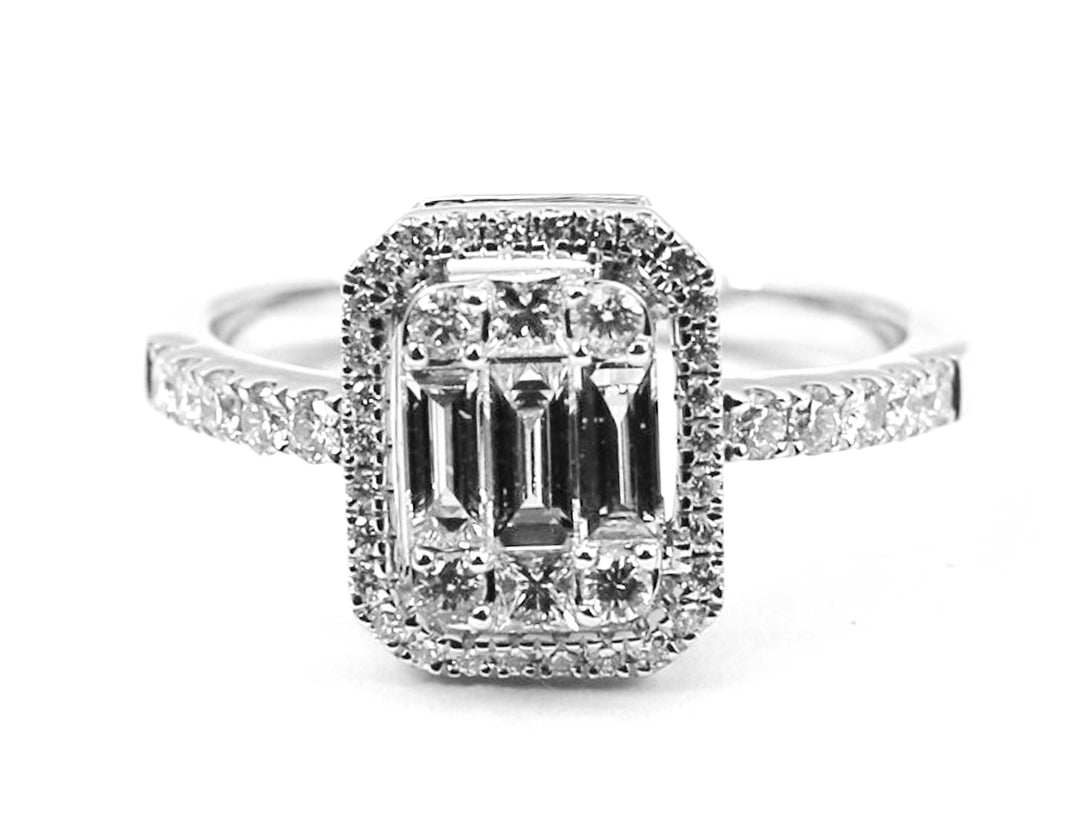 Bague Illusion entourage Grand modèle Or Blanc Diamants taille baguette et brillants EM200R/2 - Les Champs d'Or