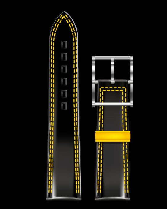 Bracelet de Montre Cuir Noir Double Piqure Jaune 22x19 - Bracelets Montres - B.R.M - Les Champs d'Or