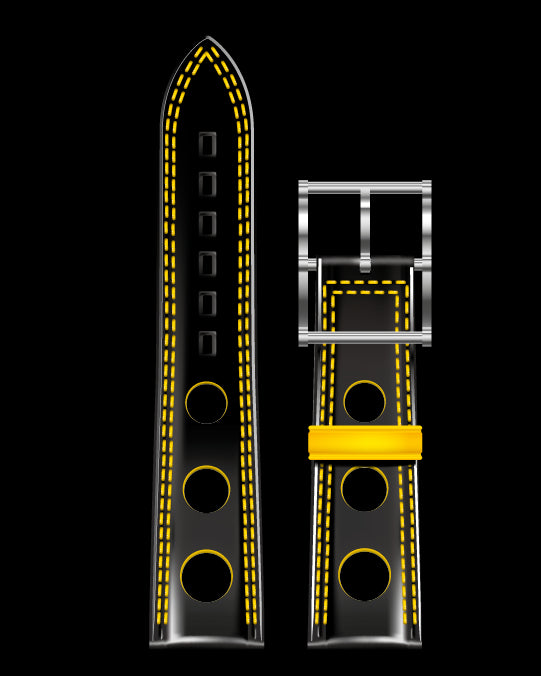 Bracelet de Montre Cuir Noir A Trous Double Piqure Jaune 22x19 - Bracelets Montres - B.R.M - Les Champs d'Or